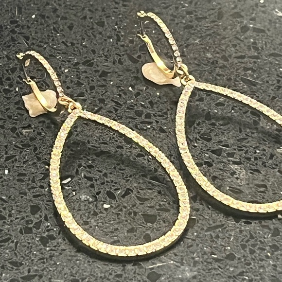 3" Long Pave Crystal Leverback Hoop Dangle Drop Earrings Gold - Picture 4 of 5